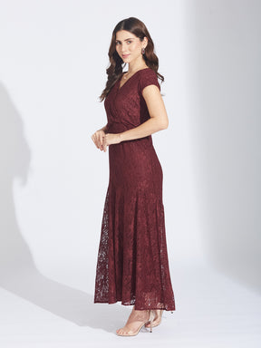 Latin Quarters Women's Maroon Cap Sleeves Self Design V-Neck Party Dress
