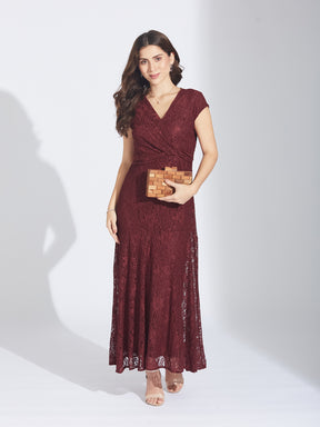 Latin Quarters Women's Maroon Cap Sleeves Self Design V-Neck Party Dress