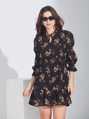 Latin Quarters Women's Black Floral Print Georgette Dress