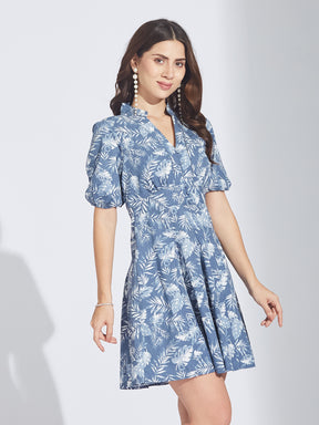 Latin Quarters Women's Blue Poplin Print Dress