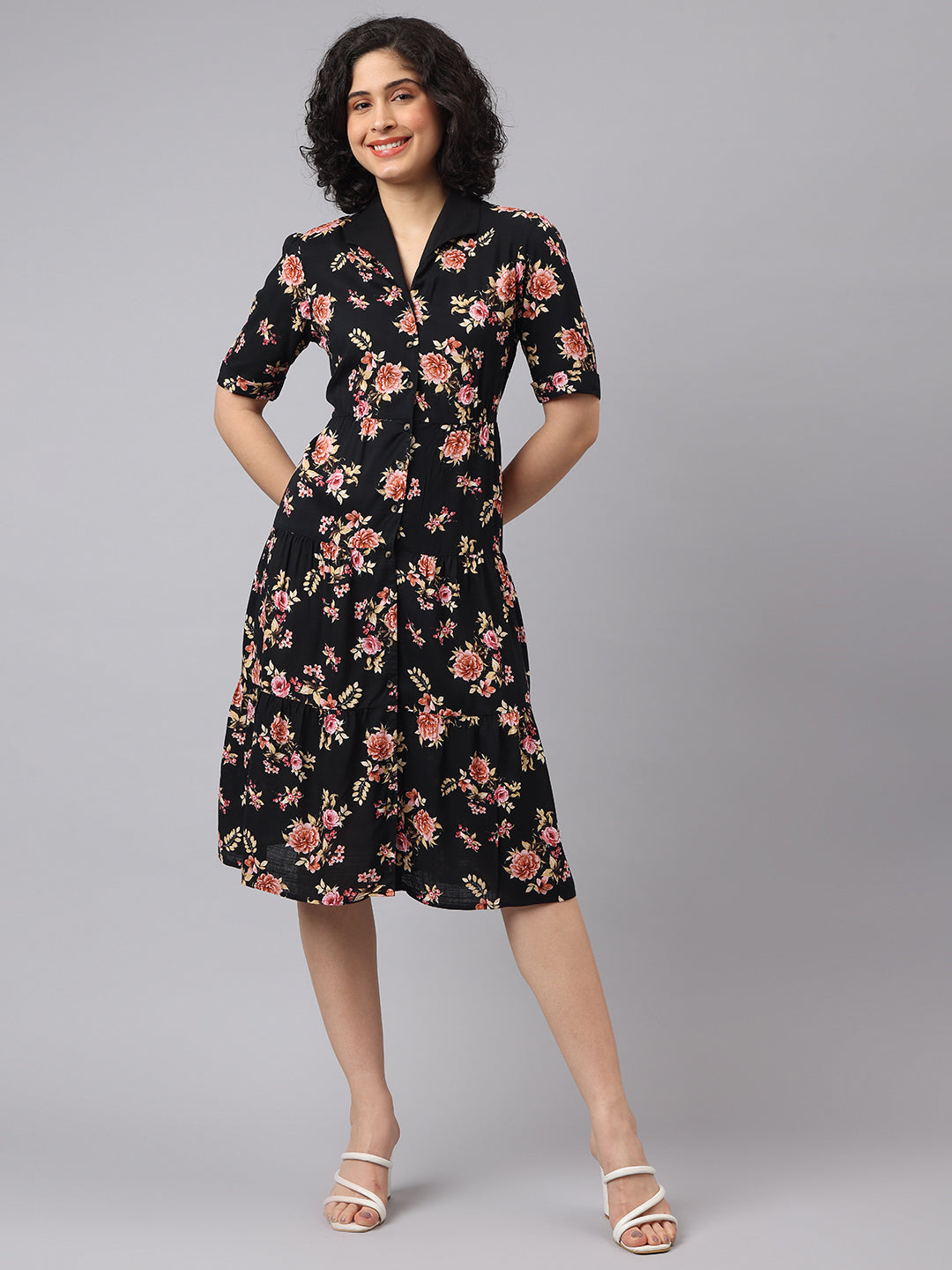 Latin Quarters Women A-Line Black Half Sleeve V-Neck Printed Casual Dress