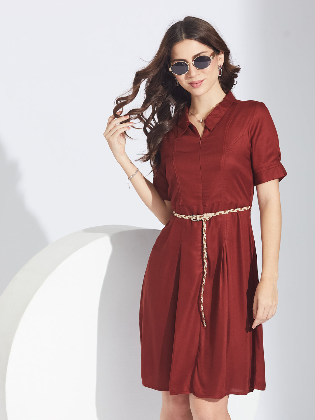 Latin Quarters Women's Maroon Shirt Mini Dress