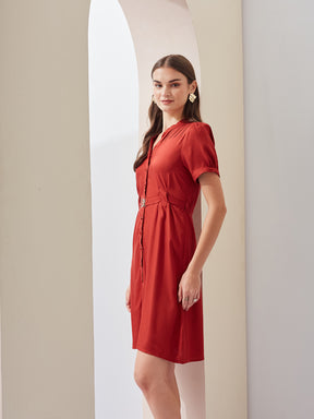 Latin Quarters Women Straight Red Half Sleeve V-Neck Solid Casual Dress