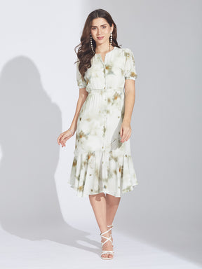 Latin Quarters Women's Green Abstract Print Midi Shirtdress