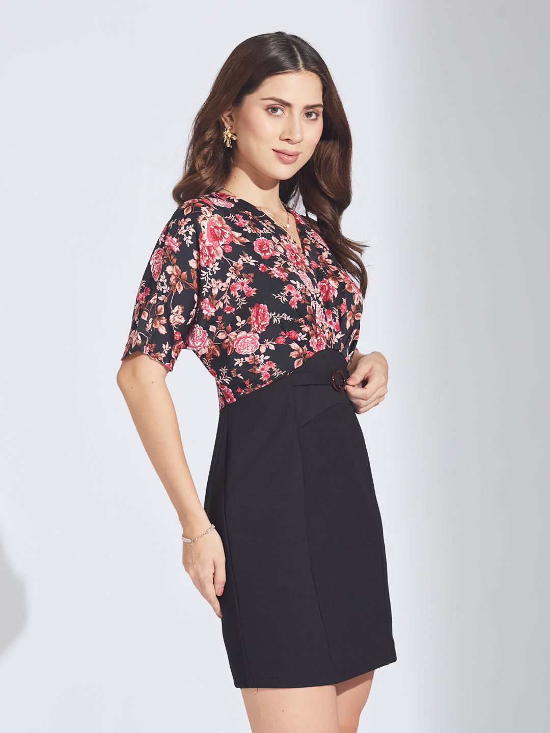 Latin Quarters Women's Black & Floral Print Two-Tone Mini Dress