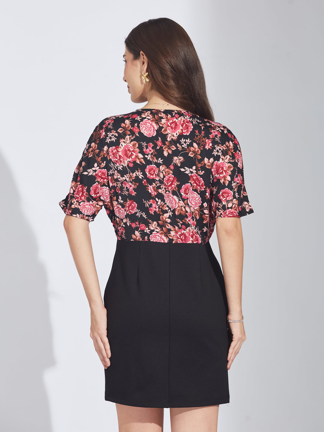 Latin Quarters Women's Black & Floral Print Two-Tone Mini Dress