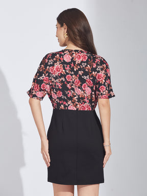 Latin Quarters Women's Black & Floral Print Two-Tone Mini Dress