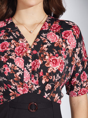 Latin Quarters Women's Black & Floral Print Two-Tone Mini Dress