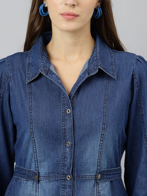 Latin Quarters Women Straight Blue 3/4Th Sleeves Collared Solid Casual Dress