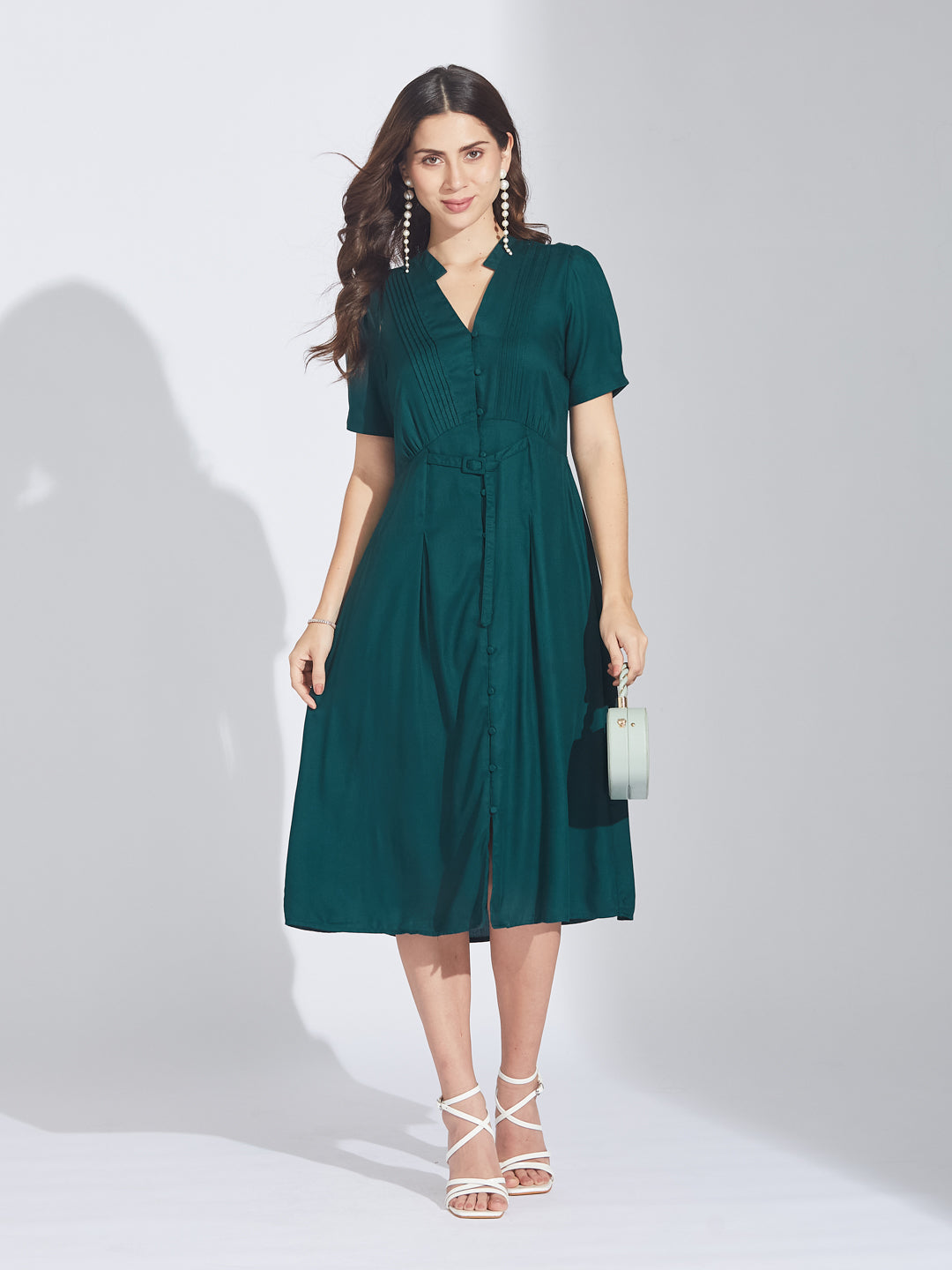 Latin Quarters Women's Green Twill Midi Shirtdress