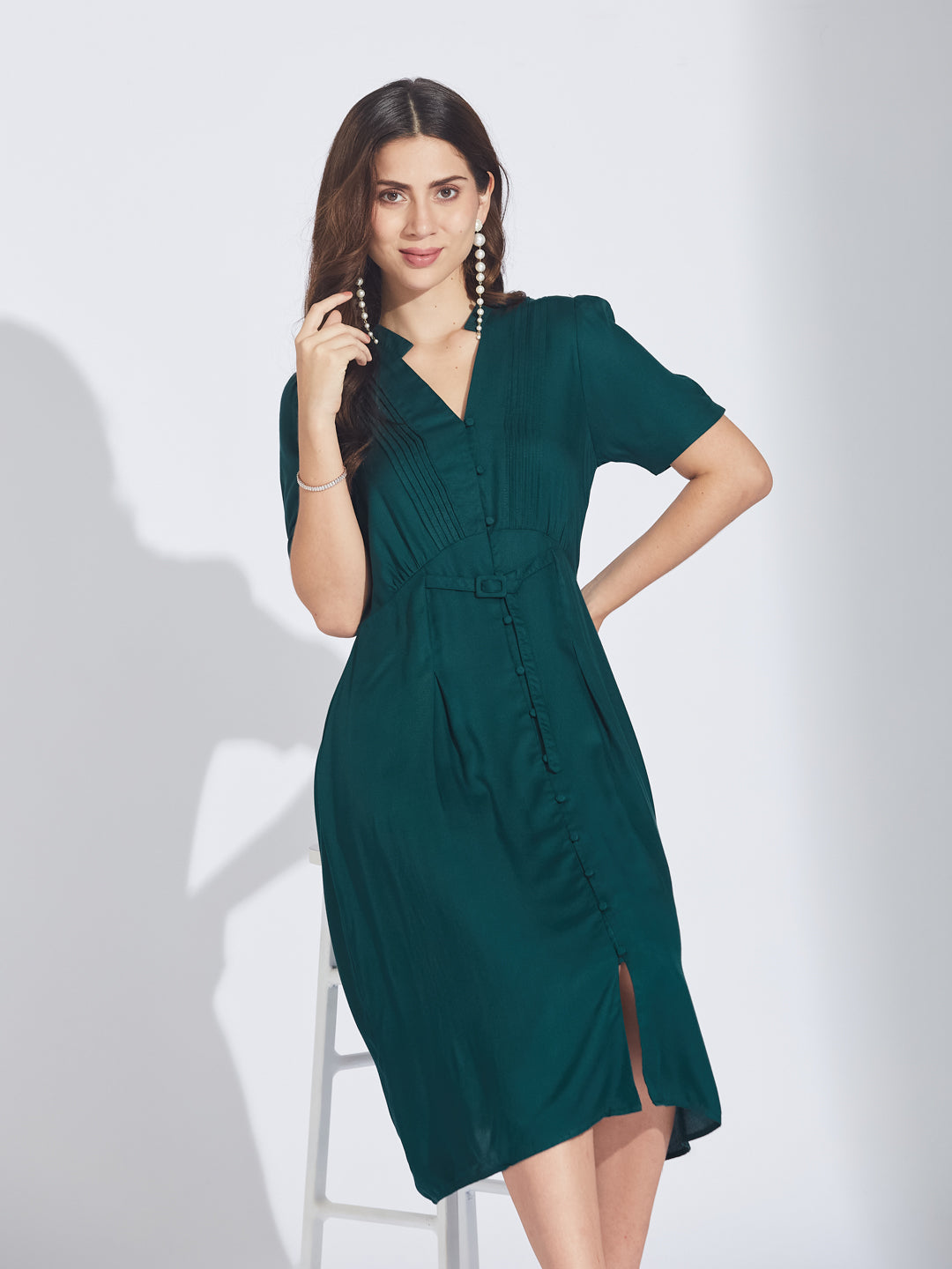 Latin Quarters Women's Green Twill Midi Shirtdress