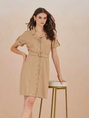 Latin Quarters Women Beige Collared Short Sleeve A-Line Shirt Dress For Casual Wear