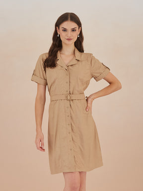 Latin Quarters Women Beige Collared Short Sleeve A-Line Shirt Dress For Casual Wear