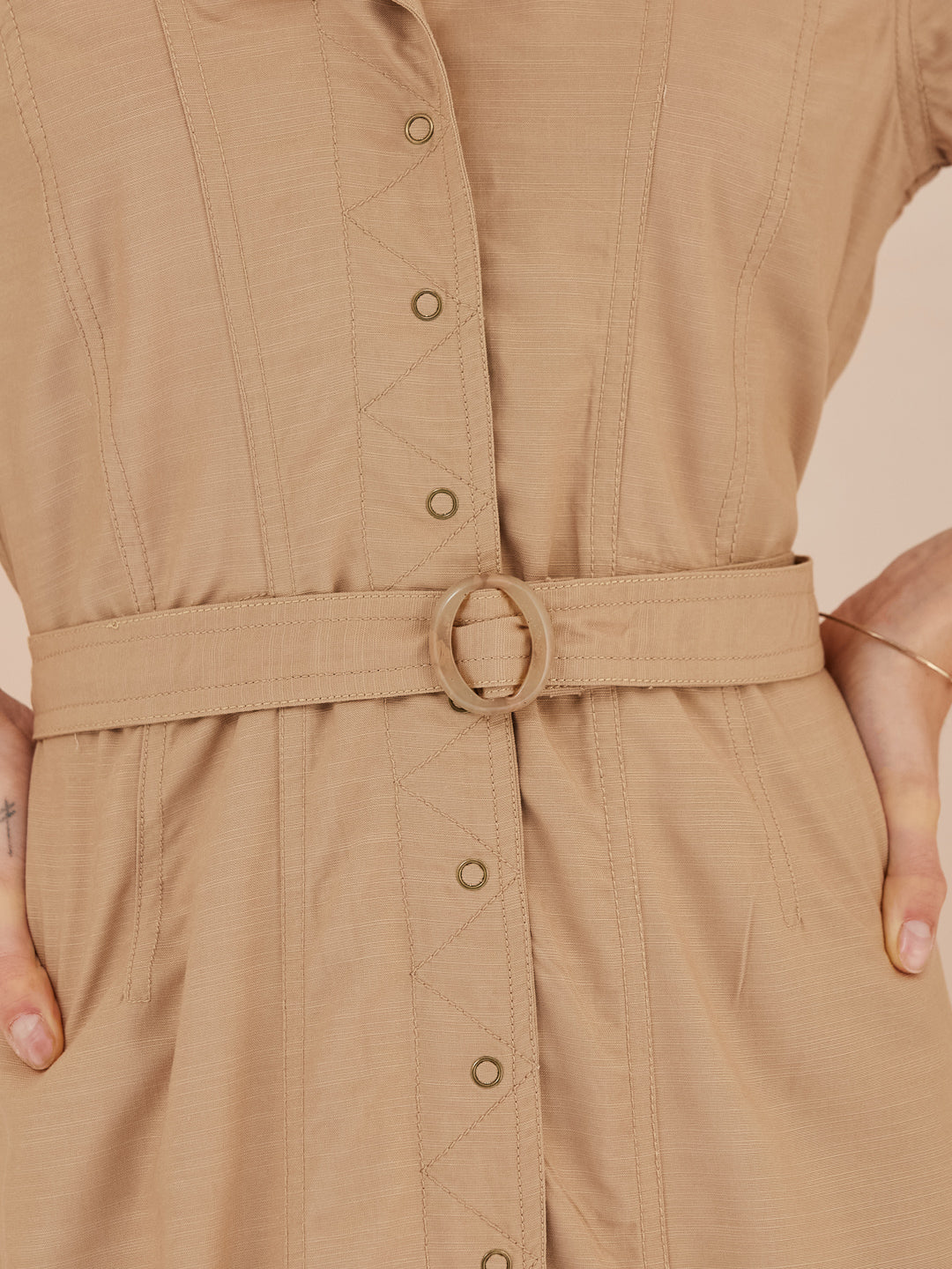 Latin Quarters Women's Beige Half Sleeves Collar Neck Casual Solid Dress