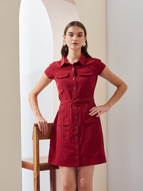 Latin Quarters Women Maroon Solid Collared Short Sleeve Casual Mini Shirt Dress