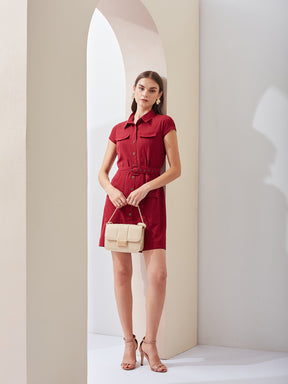 Latin Quarters Women Maroon Solid Collared Short Sleeve Casual Mini Shirt Dress
