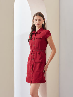 Latin Quarters Women Maroon Solid Collared Short Sleeve Casual Mini Shirt Dress