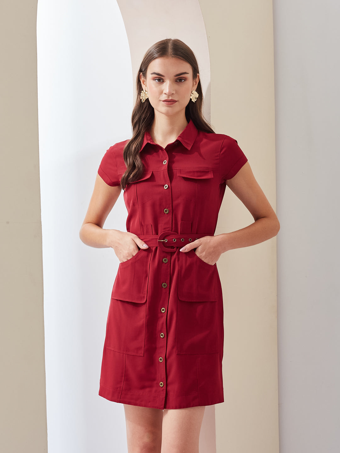 Latin Quarters Women Maroon Solid Collared Short Sleeve Casual Mini Shirt Dress
