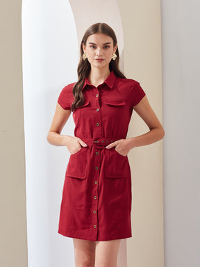 Latin Quarters Women Maroon Solid Collared Short Sleeve Casual Mini Shirt Dress