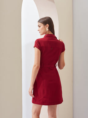 Latin Quarters Women Maroon Solid Collared Short Sleeve Casual Mini Shirt Dress