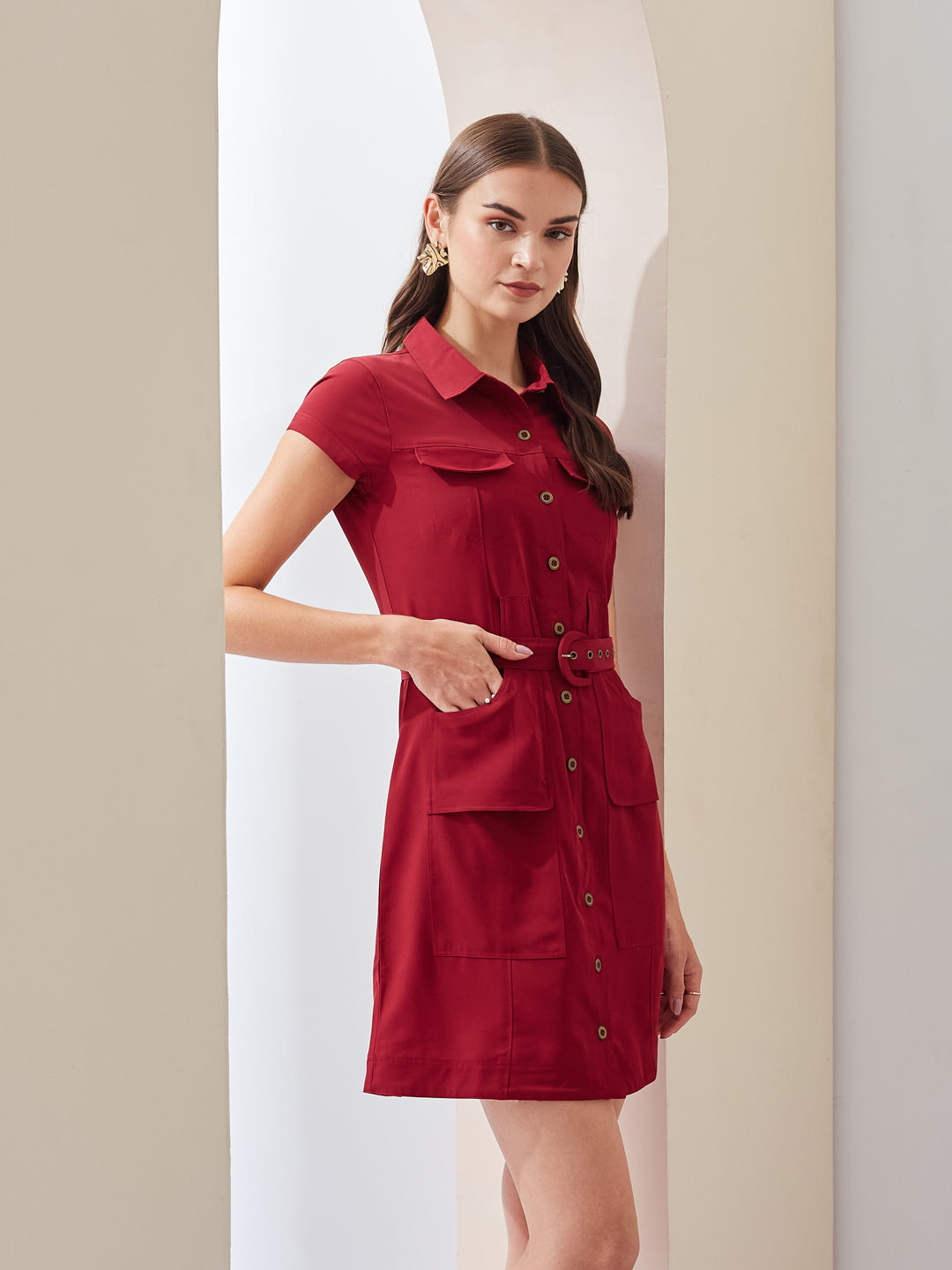 Latin Quarters Women Maroon Solid Collared Short Sleeve Casual Mini Shirt Dress