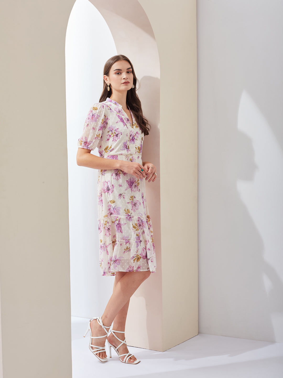Latin Quarters Women Fit & Flare White Half Sleeve V-Neck Printed Casual Dress