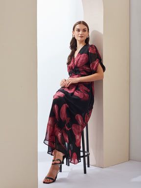 Latin Quarters Women's Black Printed Half Sleeves V-Neck Casual A-Line Dress