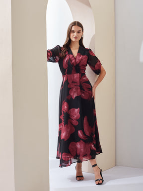Latin Quarters Women's Black Printed Half Sleeves V-Neck Casual A-Line Dress