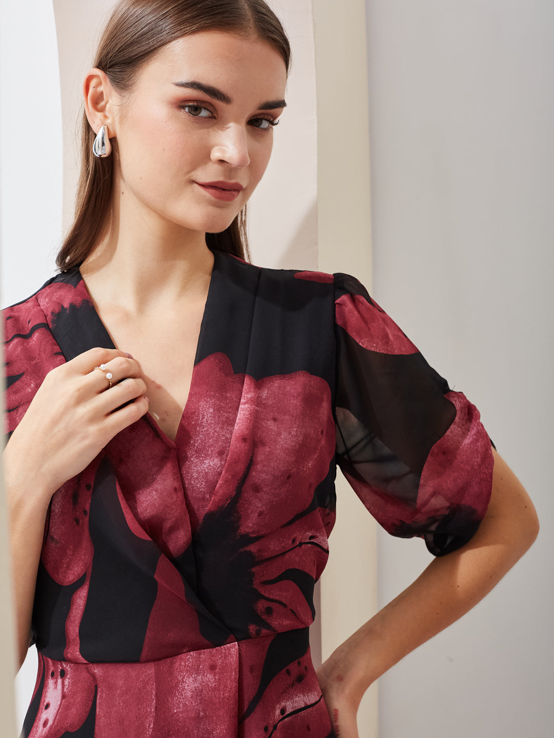 Latin Quarters Women's Black Printed Half Sleeves V-Neck Casual A-Line Dress