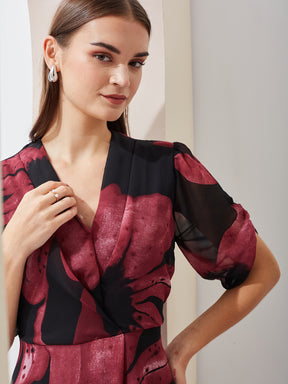 Latin Quarters Women's Black Printed Half Sleeves V-Neck Casual A-Line Dress