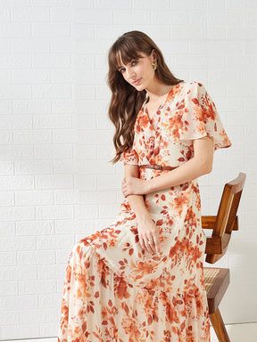 Latin Quarters Women's Rust Short Sleeves V-Neck Printed Casual Maxi Dress