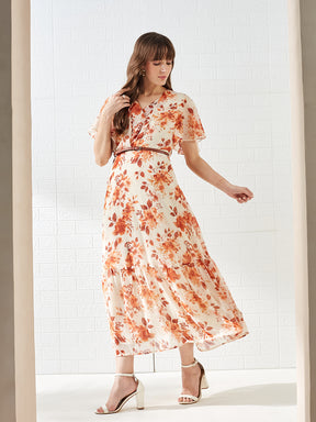Latin Quarters Women's Rust Short Sleeves V-Neck Printed Casual Maxi Dress