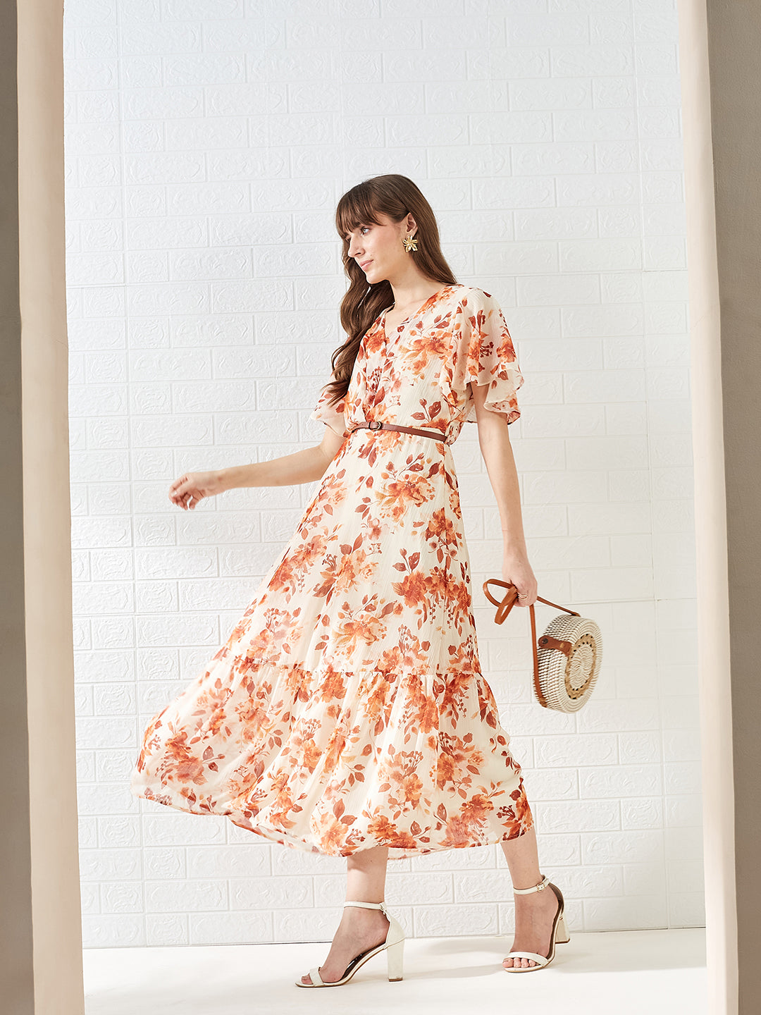 Latin Quarters Women's Rust Short Sleeves V-Neck Printed Casual Maxi Dress