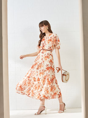 Latin Quarters Women's Rust Short Sleeves V-Neck Printed Casual Maxi Dress
