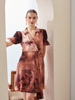 Latin Quarters Women Brown Tie-Dye Collared Short Sleeve Casual Mini Wrap Dress