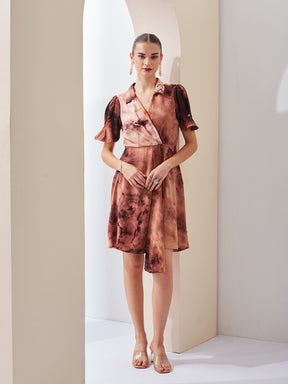 Latin Quarters Women Brown Tie-Dye Collared Short Sleeve Casual Mini Wrap Dress