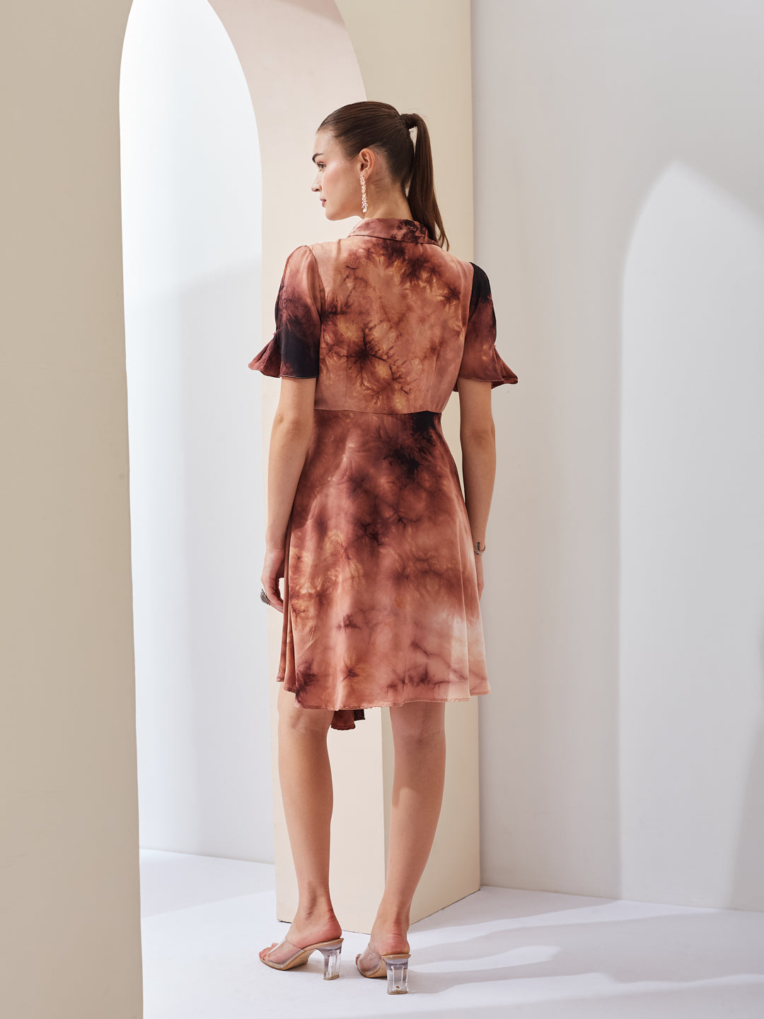 Latin Quarters Women Brown Tie-Dye Collared Short Sleeve Casual Mini Wrap Dress