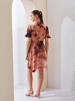 Latin Quarters Women Brown Tie-Dye Collared Short Sleeve Casual Mini Wrap Dress