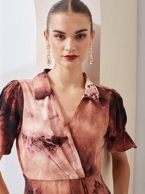 Latin Quarters Women Brown Tie-Dye Collared Short Sleeve Casual Mini Wrap Dress