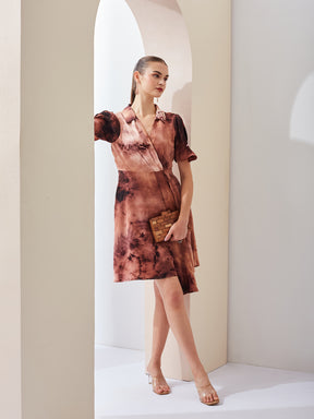 Latin Quarters Women Brown Tie-Dye Collared Short Sleeve Casual Mini Wrap Dress