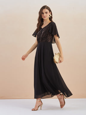 Latin Quarters Women Black Sequin Flutter Sleeve Flared Maxi Dress for Evening Wear