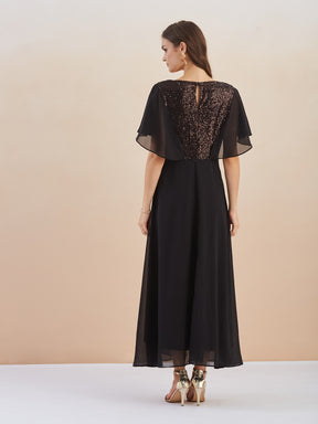 Latin Quarters Women Black Sequin Flutter Sleeve Flared Maxi Dress for Evening Wear