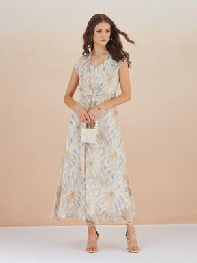 Latin Quarters Women Beige & White Floral Print Cap Sleeve Maxi Dress For Casual Wear
