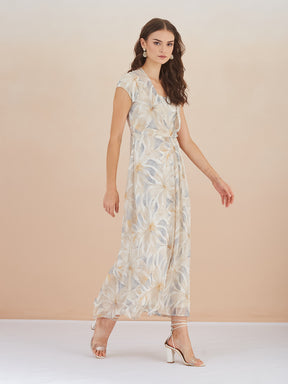 Latin Quarters Women Beige & White Floral Print Cap Sleeve Maxi Dress For Casual Wear