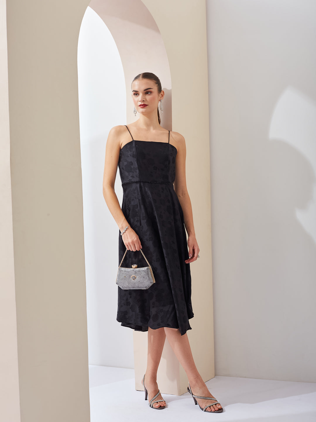 Latin Quarters Women Black Floral Printed Strappy Party A-Line Midi Dress