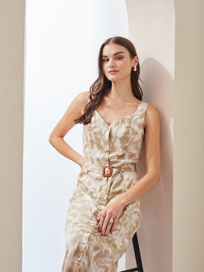 Latin Quarters Women A-Line Beige Sleeves Sweetheart Neck Printed Casual Dress