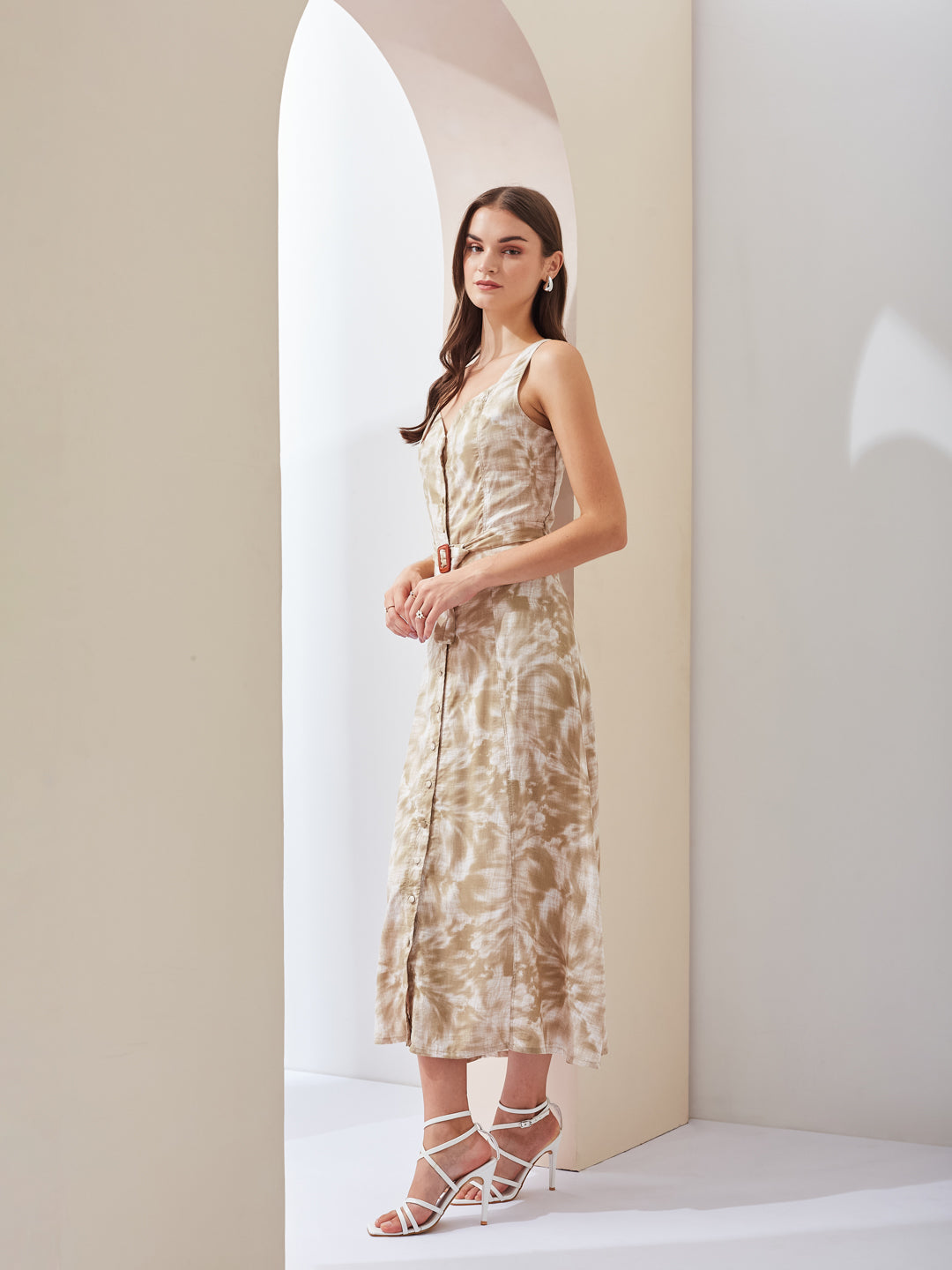 Latin Quarters Women A-Line Beige Sleeves Sweetheart Neck Printed Casual Dress