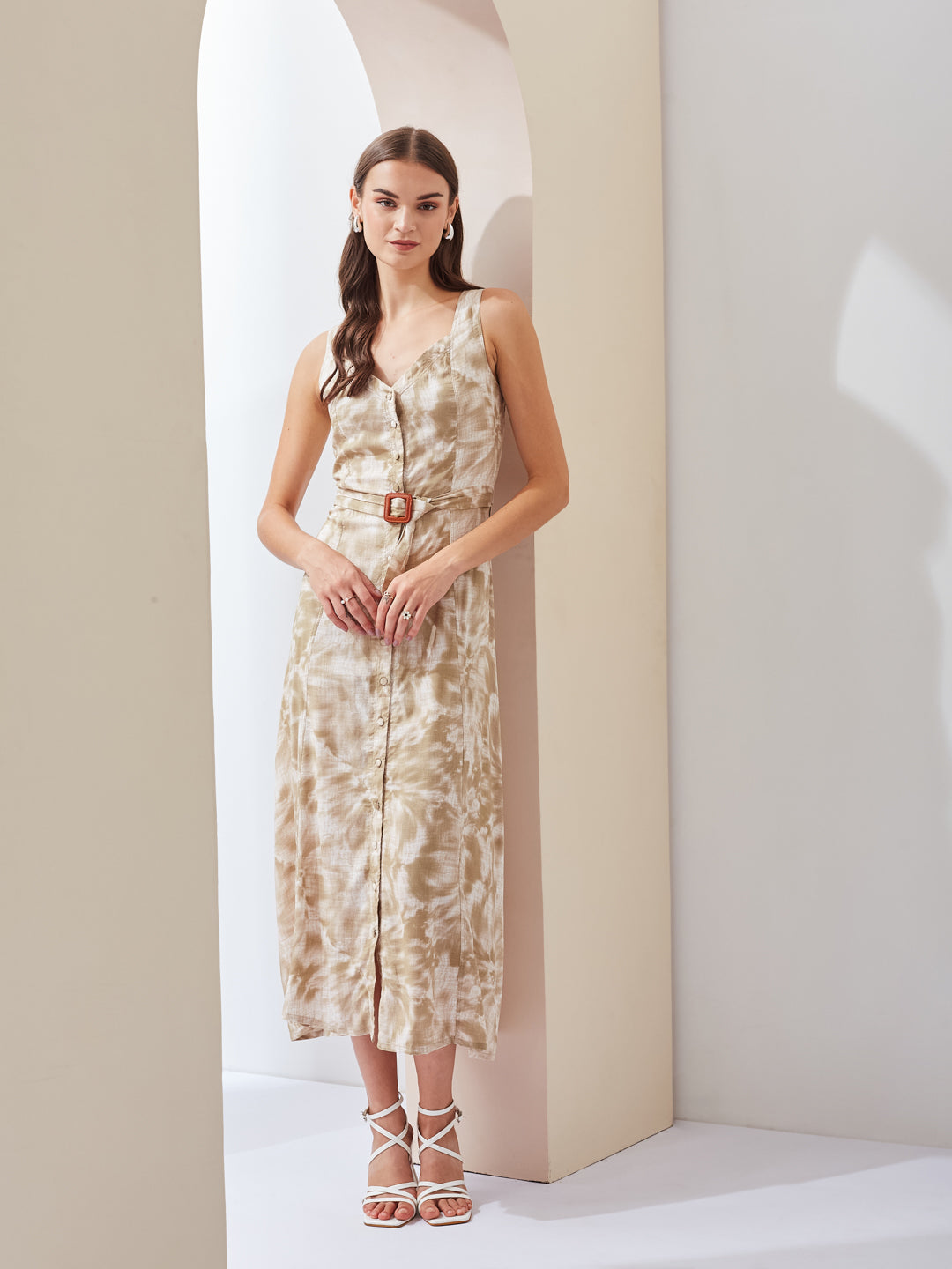 Latin Quarters Women A-Line Beige Sleeves Sweetheart Neck Printed Casual Dress