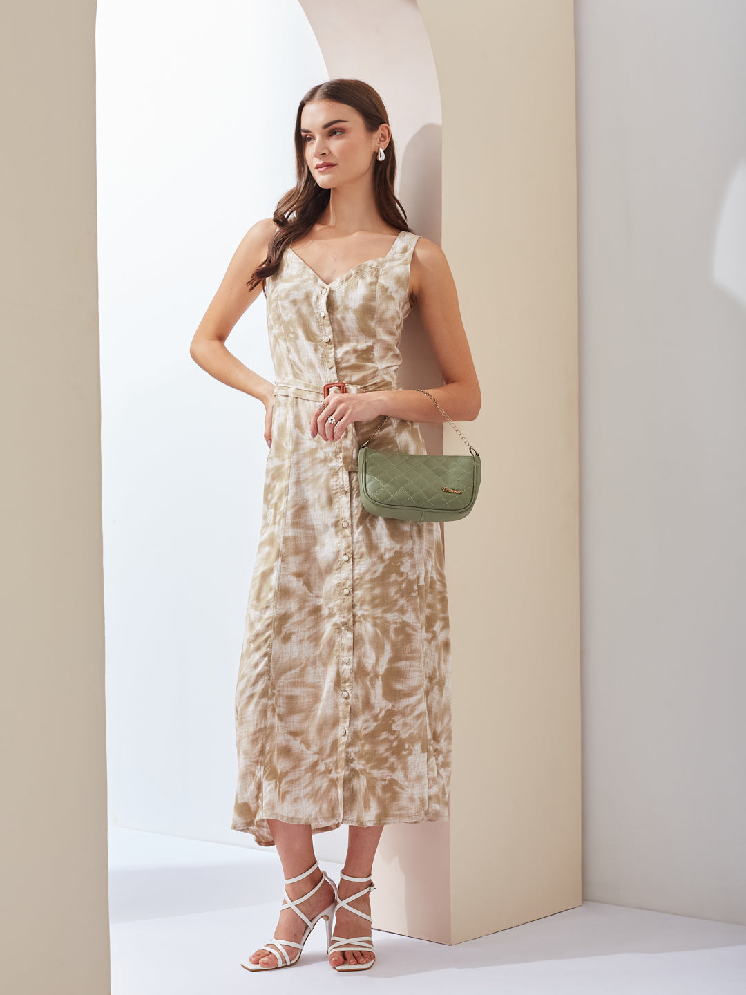 Latin Quarters Women A-Line Beige Sleeves Sweetheart Neck Printed Casual Dress