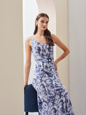 Latin Quarters Women Blue Tie-Dye V-Neck Sleeveless Casual A-Line Midi Dress